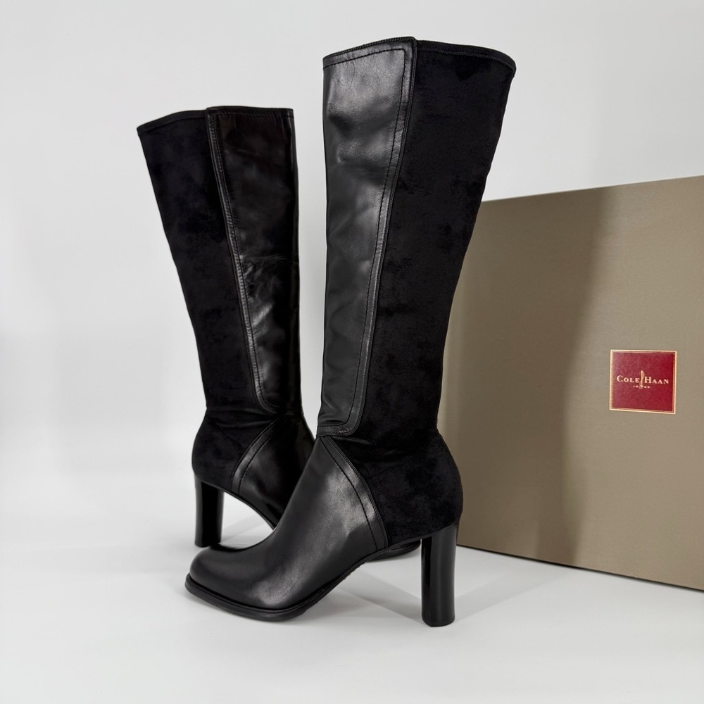 Cole Haan Ellen Black Leather & Suede Knee-High Heeled Boots Women’s 8